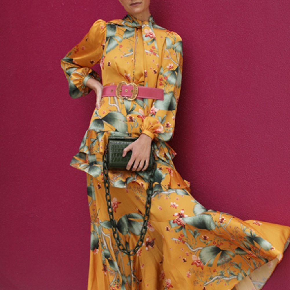 Floral Ruffled Maxi Dress in Orange with floral print